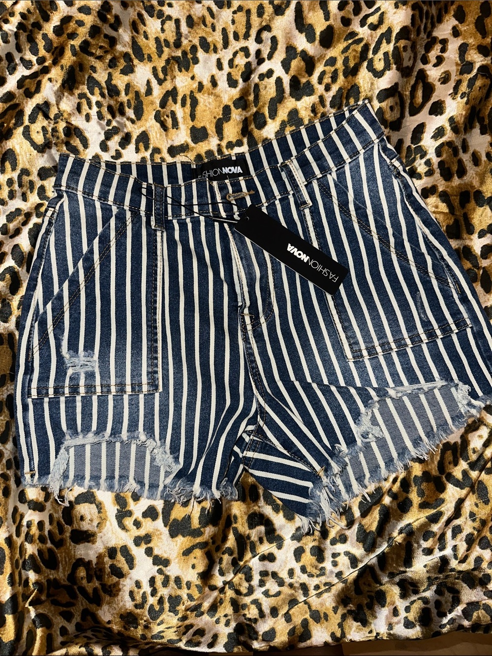 Fashion Nova Navy & White Striped High-Rise Distressed Jean Shorts